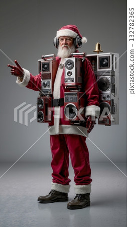 A man dressed as Santa Claus holding a boombox and pointing at something 132782365