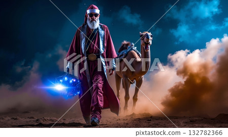 A man in a red robe walking with a camel in the desert A man in a red robe walking with a camel in the desert 132782366