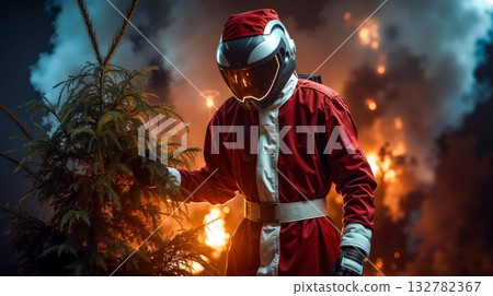 A man in a red suit and helmet standing next to a marijuana plant 132782367