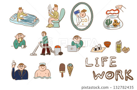 一組描繪從起床到入睡的日常生活插圖 132782435