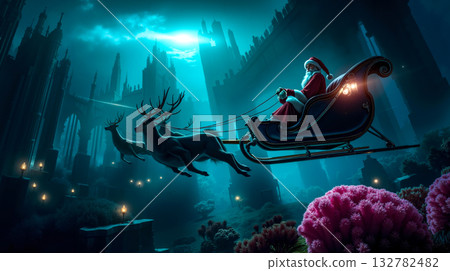 A santa claus riding in a sleigh pulled by two reindeers in front of a castle 132782482