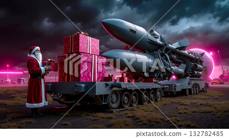 A man in a santa claus outfit standing next to a truck with presents on it A man in a santa claus outfit standing next to a truck with presents on it 132782485