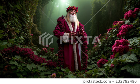 A man in a red robe standing in a forest surrounded by flowers 132782486