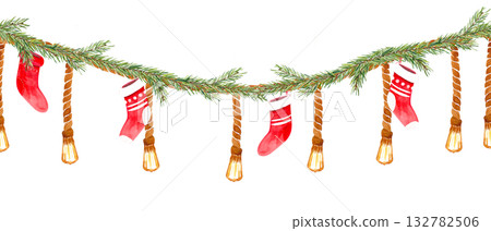 Christmas garland with pine branches, glowing lights, and red stockings. Hand-painted watercolor seamless border in warm colors, perfect for winter cards, home decor, packaging, or holiday invitations 132782506