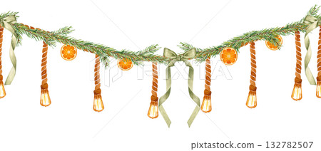Christmas garland with fir branches, dried oranges, green ribbons, and vintage rope lights. Hand-painted watercolor seamless border in warm tones, perfect for winter cards, decor, holiday design 132782507