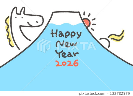 可愛的2026年新年賀卡，圖案為白馬村、富士山和初升的太陽，手繪風格，留有文字空間。 132782579