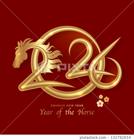 2026 Chinese New Year in red background. Year of the Horse. Vector modern art gold numbers design for cover, card, poster, banner, logo zodiac sign. Golden luxury template 2026 Chinese New Year in red background. Year of the Horse. Vector modern art gold numbers design for cover, card, poster, banner, logo zodiac sign. Golden luxury template 132782654