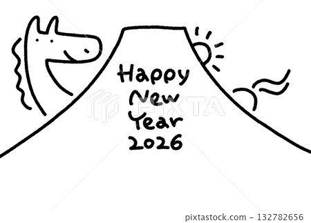 Cute New Year's card with horse, Mt. Fuji and first sunrise 2026 hand-drawn monochrome 132782656