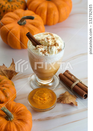 Autumn Pumpkin Spice Latte whipped cream and cinnamon Autumn Pumpkin Spice Latte whipped cream and cinnamon 132782685