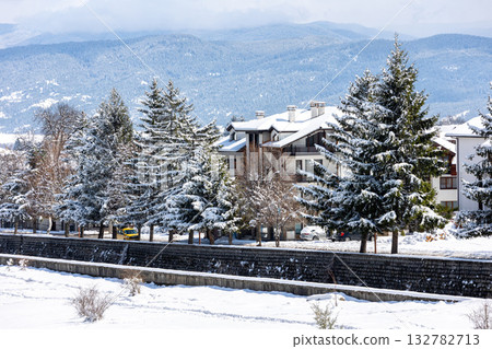 Bansko, Bulgaria winter street view and river 132782713