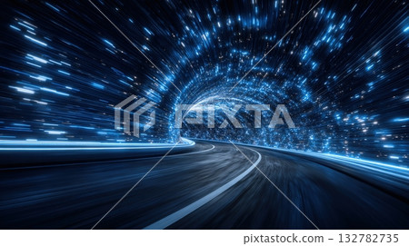 Dynamic light patterns create a glowing blue tunnel effect in a dark setting. A curving road suggests rapid movement through this vibrant scene. The visuals evoke a sense of speed and energy. 132782735
