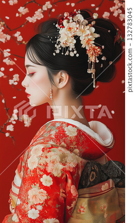 A woman in a red kimono A woman in a red kimono 132783045