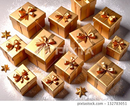 Holiday gifts. Golden gift boxes. Celebration, Christmas and branding. Packaging. Top view. Holiday gifts. Golden gift boxes. Celebration, Christmas and branding. Packaging. Top view. 132783051