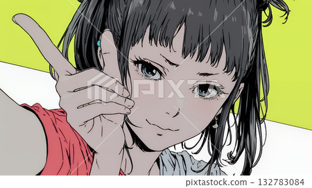 一名年輕女子用手指比劃著手槍的姿勢。 132783084