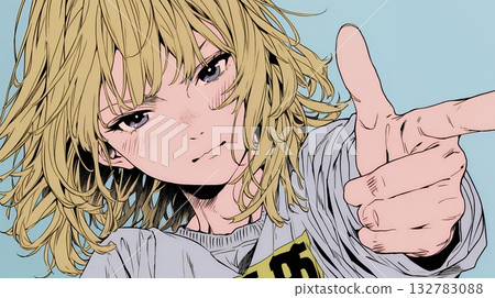 一名年輕女子用手指比劃著手槍的姿勢。 132783088