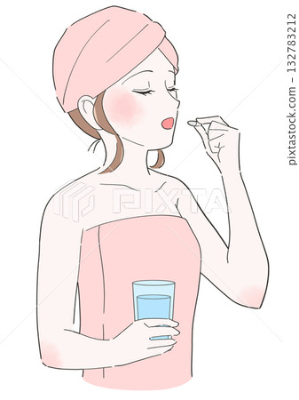 Illustration of a woman drinking supplements Illustration of a woman drinking supplements 132783212