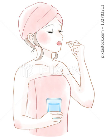 Watercolor illustration of a woman drinking supplements Watercolor illustration of a woman drinking supplements 132783213