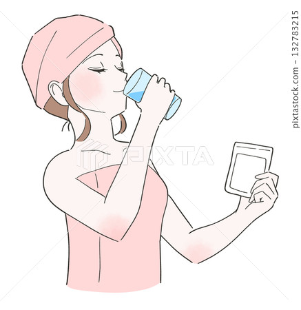 Illustration of a woman drinking supplements Illustration of a woman drinking supplements 132783215
