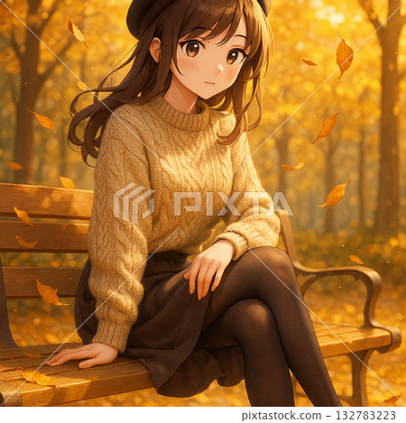 秋日公園裡,一位穿著毛衣的女孩坐在長椅上——一幅溫暖柔和的動漫風格插畫 秋日公園裡,一位穿著毛衣的女孩坐在長椅上——一幅溫暖柔和的動漫風格插畫 132783223