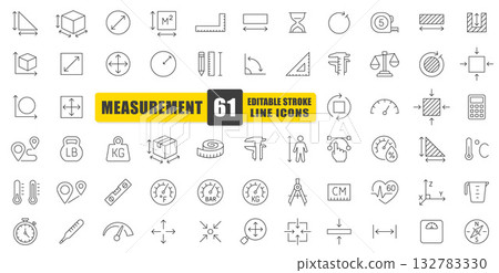 Measurement Line Icon Vector Set. A Collection Of 61 Thin Line Editable Stroke Icons Featuring Tools For Size, Distance, Weight, And Temperature. Perfect For Engineering, Architecture, Science. 132783330