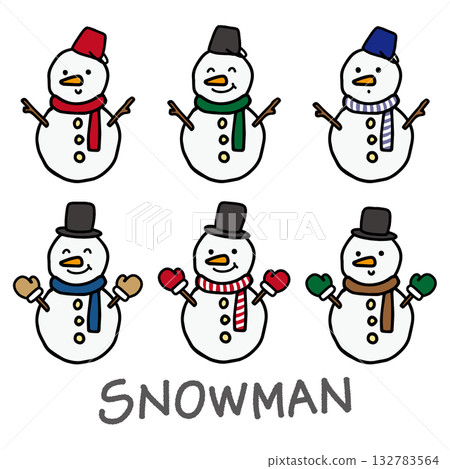 Hand-drawn cute snowman set (color variations, winter, Christmas materials) Hand-drawn cute snowman set (color variations, winter, Christmas materials) 132783564
