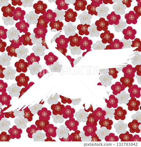 [Crane silhouette on plum blossom background] Hand embroidery illustration material 132783842