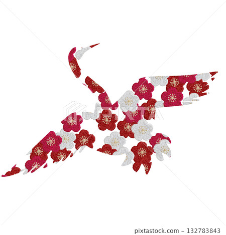 [Crane silhouette on plum blossom background] Hand embroidery illustration material 132783843