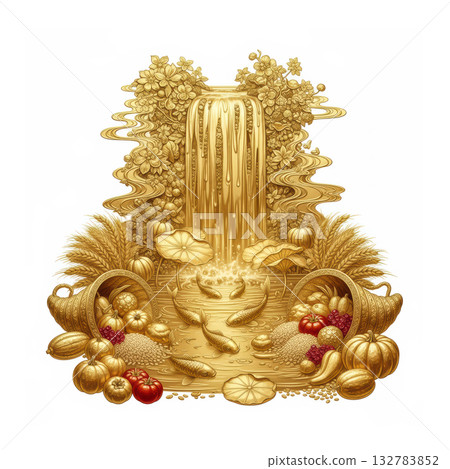 Golden Harvest Prosperity Illustration with Waterfall and Koi Fish 132783852