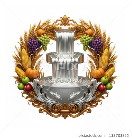 Polished Silver Water Flow and Golden Fruits a Symbol of Good Fortune 132783855