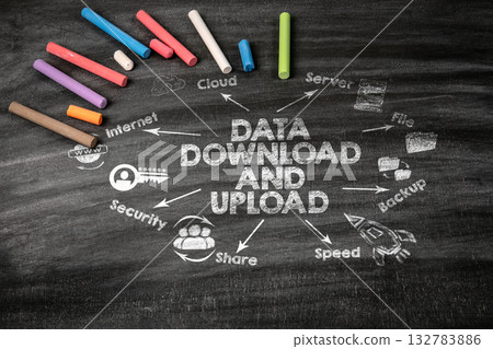 DATA DOWNLOAD AND UPLOAD Concept. Black scratched textured chalkboard background 132783886