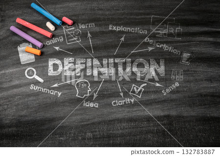 DEFINITION Concept. Black scratched textured chalkboard background 132783887