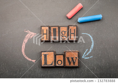 Conceptual image with wooden letter blocks spelling high and low, surrounded by red and blue chalk 132783888