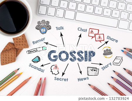 GOSSIP concept. Chart with keywords and icons. White office desk GOSSIP concept. Chart with keywords and icons. White office desk 132783924