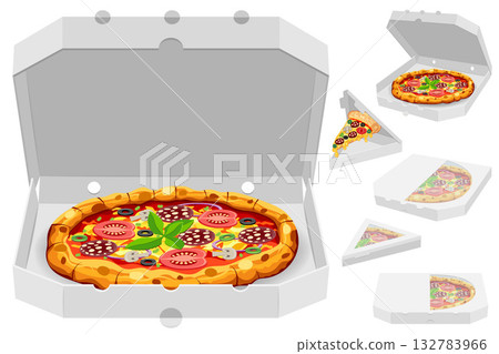 pizza in cardboard box freshly baked with sausage, tomatoes, olives, mushrooms and cheese carton sock vector illustration 132783966