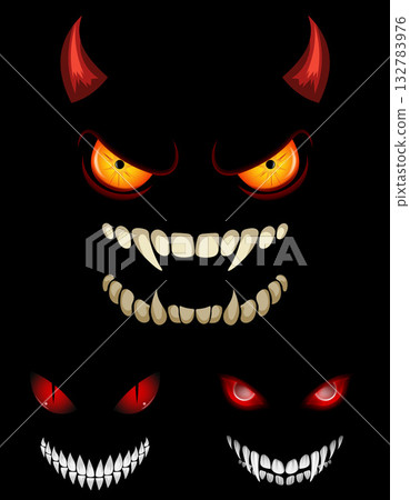 sinister face outlined with a wide toothy grin and piercing eyes on a black background, evoking an eerie and menacing feeling vector illustration sinister face outlined with a wide toothy grin and piercing eyes on a black background, evoking an eerie and menacing feeling vector illustration 132783976