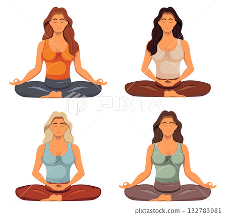 meditating young woman sitting in yoga pose cartoon stock vector illustration 132783981