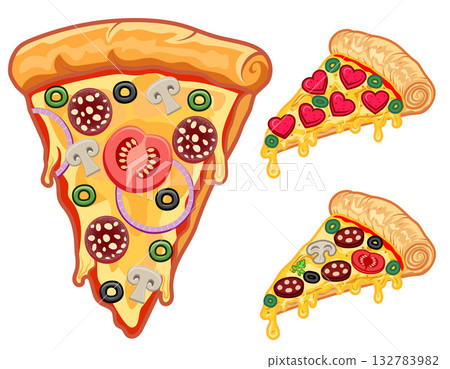 pizza freshly baked with sausage, tomatoes, olives, mushrooms and cheese carton sock vector illustration 132783982