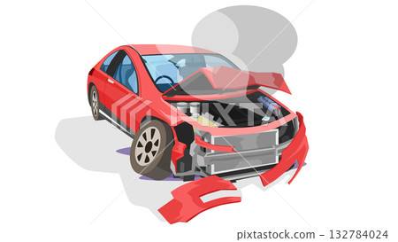 Vehicle damage of sports coupe red car. Severe front bumper damage. Broken and scattered. Front hood opens with a curve. Airbag deployed and oil and steam leaked out. Isolated white background. Vehicle damage of sports coupe red car. Severe front bumper damage. Broken and scattered. Front hood opens with a curve. Airbag deployed and oil and steam leaked out. Isolated white background. 132784024