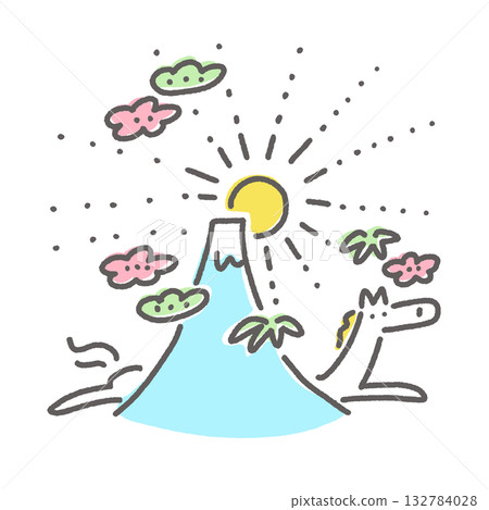 白馬奔跑，富士山，初升的太陽，松樹，竹子，梅花，2026年手繪普普藝術 132784028