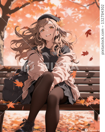 秋日公園裡一位面帶微笑的女孩——一幅溫暖柔和的動漫風格插畫 132784302