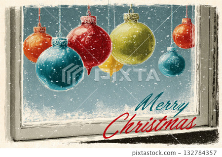 Colorful vintage Christmas ornaments sway gently as snow falls outside. The scene evokes warmth and nostalgia, celebrating holiday cheer from the 50s and 60s with festive brightness 132784357