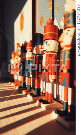 Wooden nutcracker figures with vibrant colors stand proudly on a mantelpiece, capturing the charm of retro Christmas decorations from the 50s and 60s Wooden nutcracker figures with vibrant colors stand proudly on a mantelpiece, capturing the charm of retro Christmas decorations from the 50s and 60s 132784359