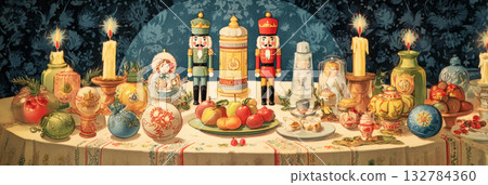 Colorful nutcrackers stand guard on a festive table adorned with bright oranges, ornaments, and holiday decor, capturing the spirit of retro Christmas celebrations, banner Colorful nutcrackers stand guard on a festive table adorned with bright oranges, ornaments, and holiday decor, capturing the spirit of retro Christmas celebrations, banner 132784360