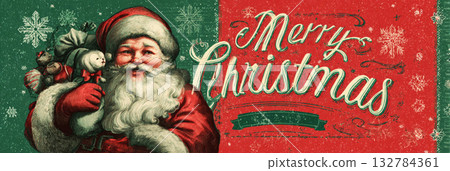 Santa Claus joyfully holds a bag filled with presents, embodying the festive spirit of Christmas in a charming retro style inspired by the 1950s and 1960s, banner 132784361