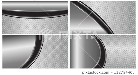 Set of silver-gray metallic backdrop with a 3D polished chrome finish and a glossy diamond plate texture. Vector graphic illustration. 132784403