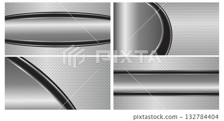 Set of silver gray metal backgrounds, 3D polished chrome metallic and shiny diamond plate texture, vector illustration  132784404