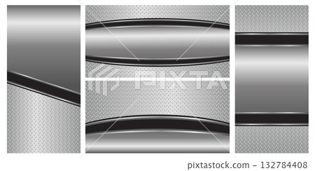 Set of silver gray metal backgrounds, 3D polished chrome metallic and shiny diamond plate texture, vector illustration  132784408
