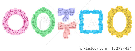 Whimsical princess mirror and colorful vintage frame collection. Retro style photo borders and abstract shapes set. Modern flat vector illustration isolated on dark background. Whimsical princess mirror and colorful vintage frame collection. Retro style photo borders and abstract shapes set. Modern flat vector illustration isolated on dark background. 132784434