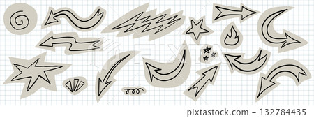 Whimsical collage and scrapbook cutouts. Childlike crayon doodles, scribbles and paper textures in naive art style. Fun vector design elements for creative projects. 132784435