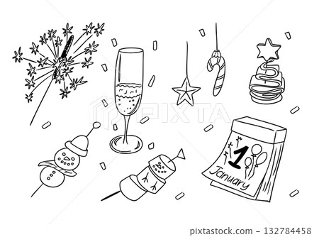 New year celebration elements in hand drawn doodle style including sparkler, champagne, decorations and snowman. Concept of holiday joy, winter festivity and greeting the first day of January 132784458